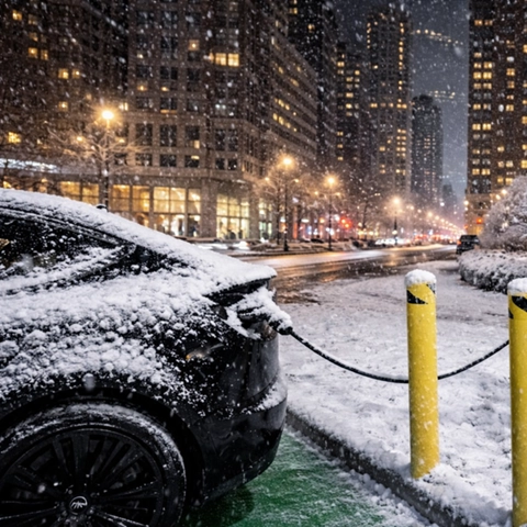 Wetterfestes Ladegerät lädt während eines Schneesturms