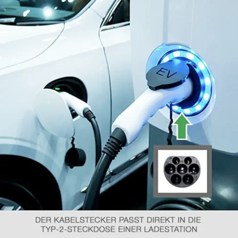 Foto, das den Stecker Typ 2 zeigt, der in die Buchse einer EV-Ladestation passt