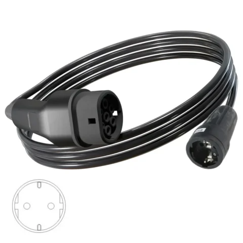 kia-typ2-auf-v2l-kabel-schuko-steckdose Foto eines V2L-Fahrzeugs zum Laden eines Kabels mit einem Typ-2-Stecker und einer Schuko-Steckdose