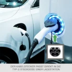 Foto, das den Stecker Typ 2 zeigt, der in die Buchse einer EV-Ladestation passt