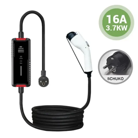 typ1-mobile-ladegerat-schuko-stecker-variabel-16a-aux Foto eines Ladegerats vom Typ 1 mit Schuko-Stecker und einstellbarer Stromstarke von 6 A, 8 A, 10 A, 13 A und 16 A