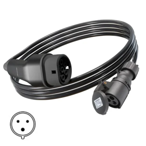 typ2-auf-v2l-kabel-cee-steckdose Foto eines V2L-Fahrzeugs zum Laden eines Kabels mit einem Typ-2-Stecker und einer einphasigen 16-A-CEE-Steckdose