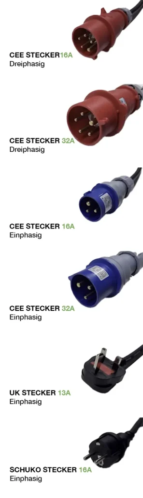 Foto der verfügbaren Adapter für das Multiadapter-Ladegerät. Enthält 3-phasigen CEE-Stecker 16 A, 3-phasigen CEE-Stecker 32 A, 1-phasigen CEE-Stecker 16 A, 1-phasigen CEE-Stecker 32 A, UK-Stecker 13 A und Schuko-Stecker 16 A