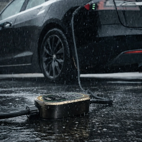 Foto, das das Ladegerät mit einem wasserdichten Gehäuse zeigt, das ein Fahrzeug bei Regen auflädt.
